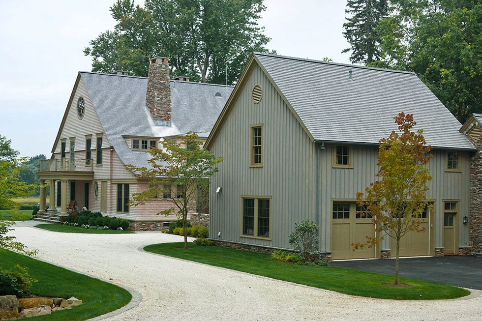 Shingle style traditional home outbuildings