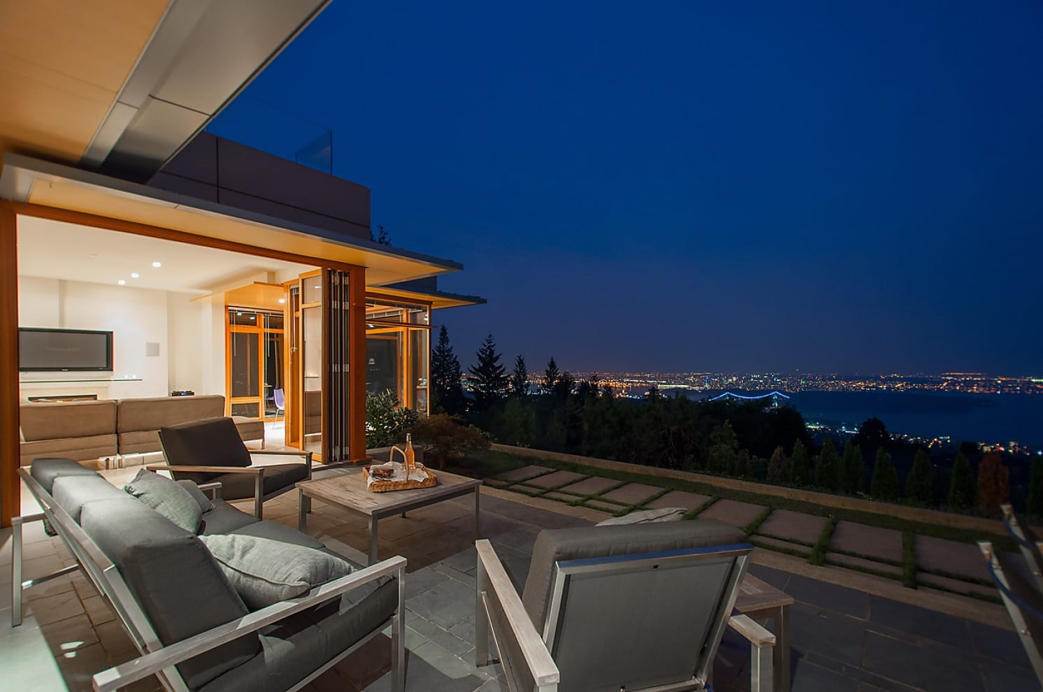 Wood bi-folds overlooking a view of Vancouver